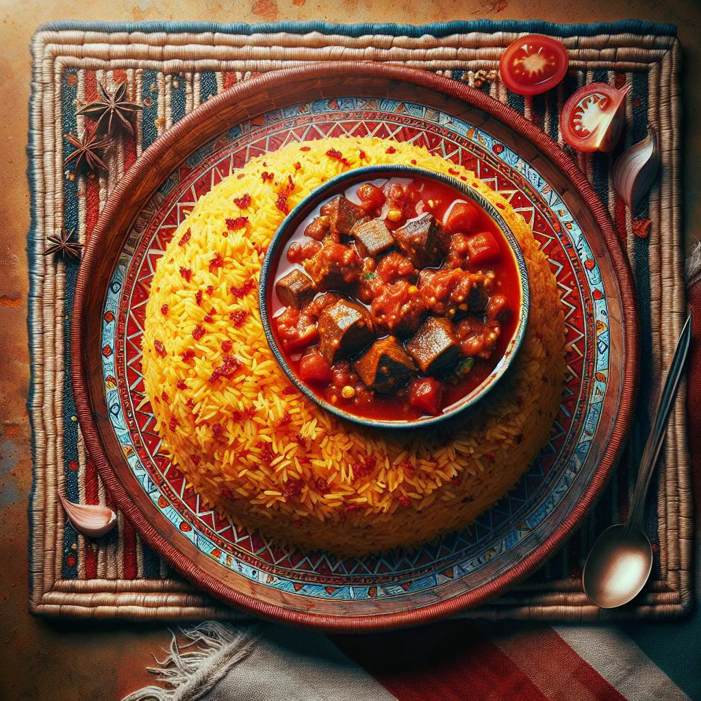 Somali rice with spiced broth, carrots and tender meat in a serving bowl
