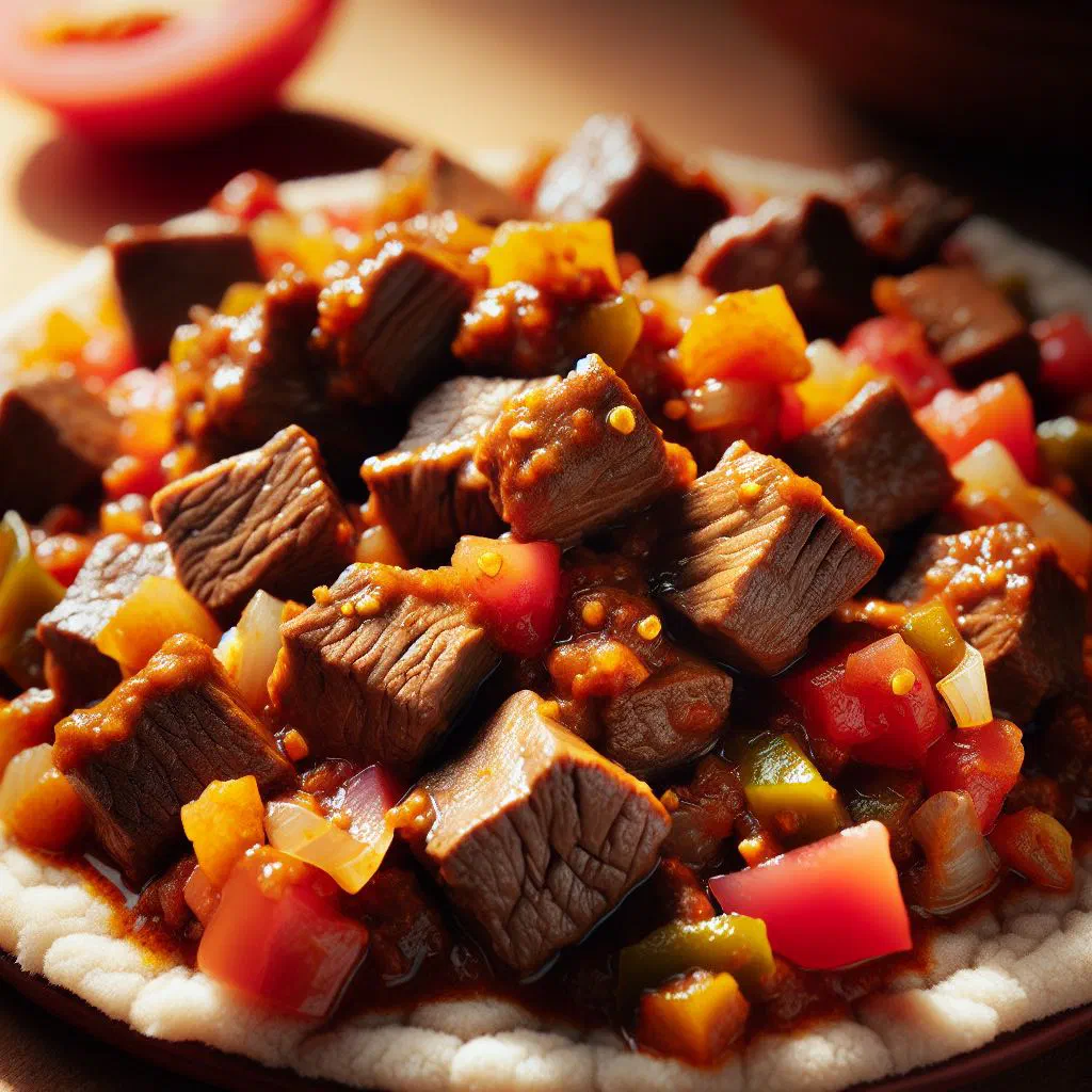 Somali beef suqaar with diced beef, peppers and carrots, garnished with fresh coriander