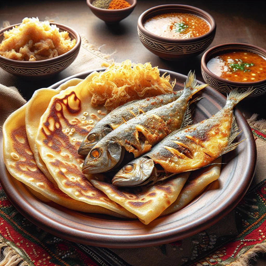 Somali canjeero flatbread served with spiced pan-fried fish