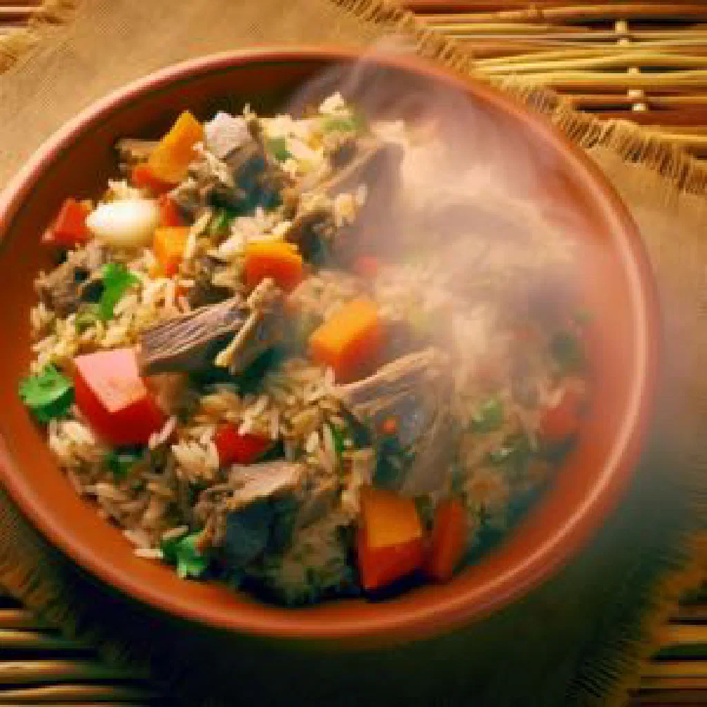 Bowl of Somali galey iyo qamadi with tender spiced meat over wheat porridge
