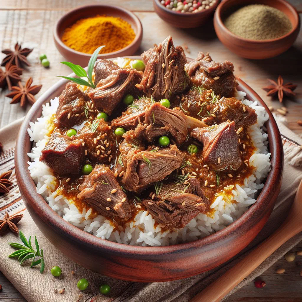 Somali hilib kari with tender spiced meat in a rich sauce, garnished with fresh coriander