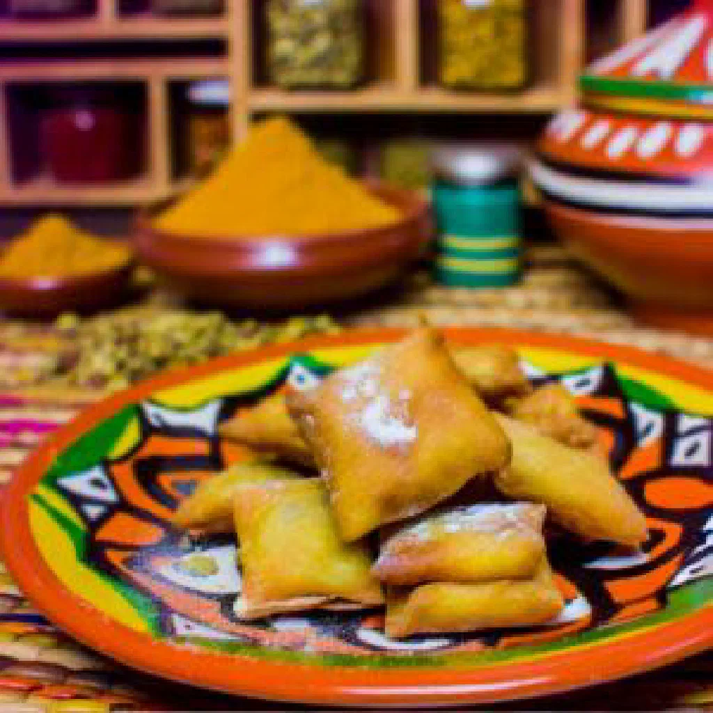 Golden fried kac kac diamonds dusted with sugar on a serving plate
