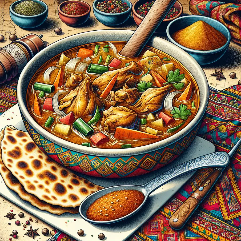 Somali chicken soup maraq digaag with carrots, potatoes and fresh coriander