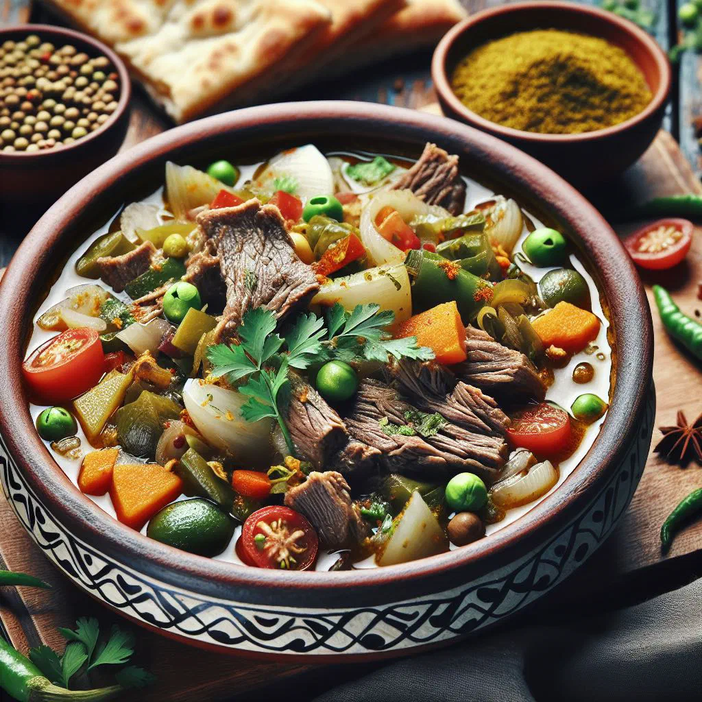 Bowl of Somali maraq fahfah soup with meat, carrots and potatoes