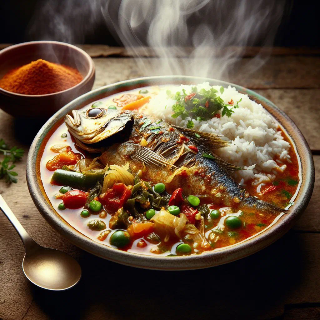 Somali fish stew with tomatoes, carrots and fresh coriander in a deep bowl