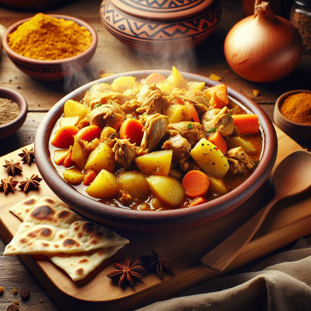 Bowl of Somali maraq stew with tender meat, carrots and potatoes