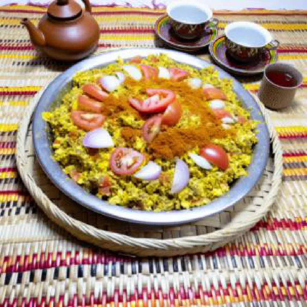 Somali mashmash with spiced rice, carrots and peppers, garnished with fresh herbs