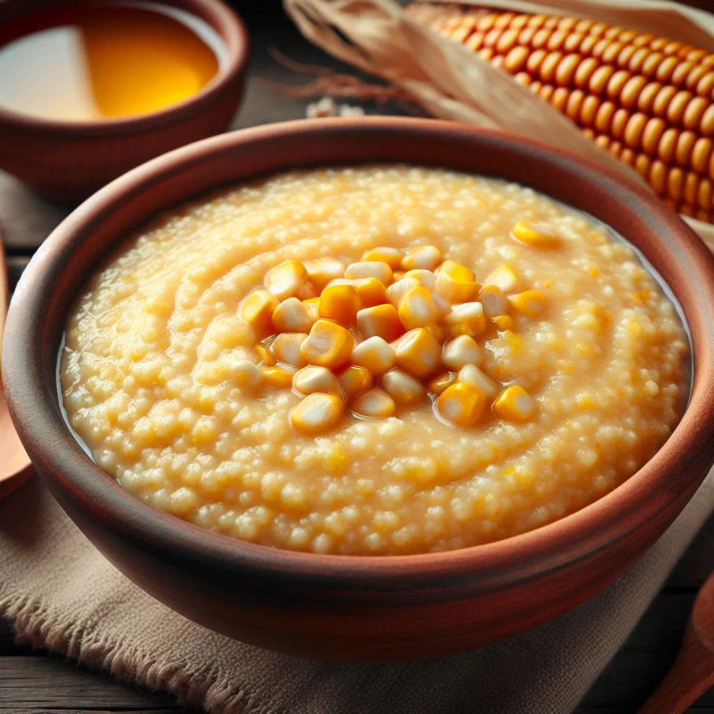 Bowl of creamy Somali cornmeal porridge drizzled with oil and garnished with coriander