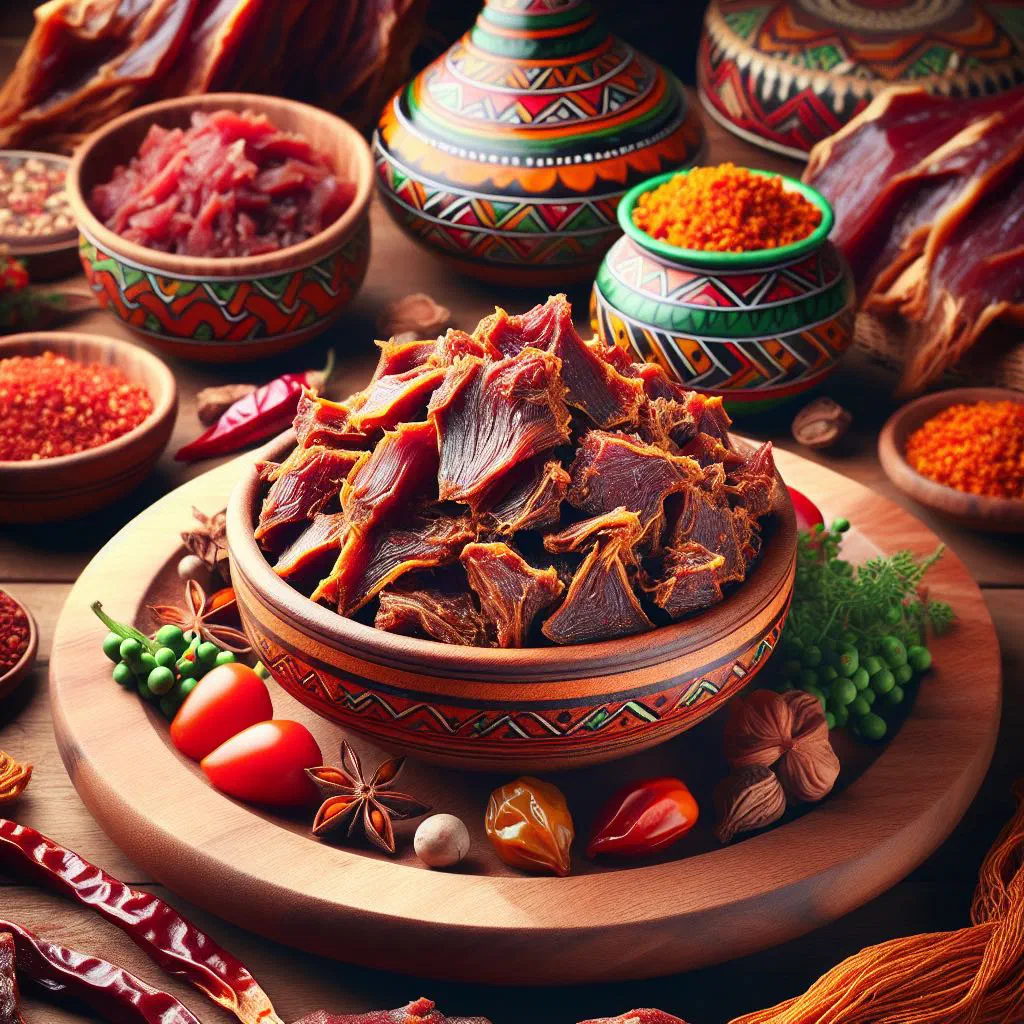 Strips of spiced Somali dried beef served on a wooden board