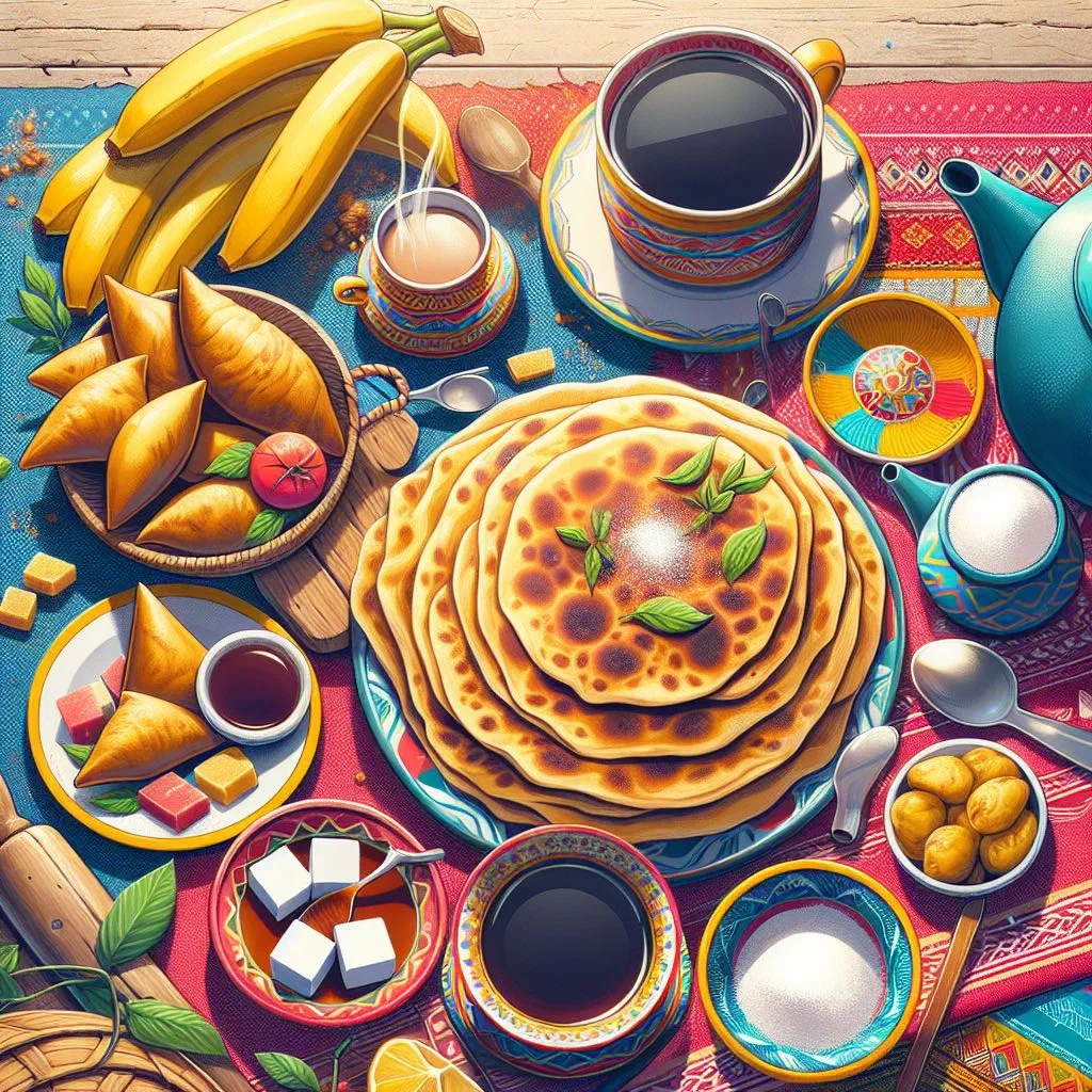 Somali quraac breakfast with warm flatbreads, spiced meat and fresh herbs