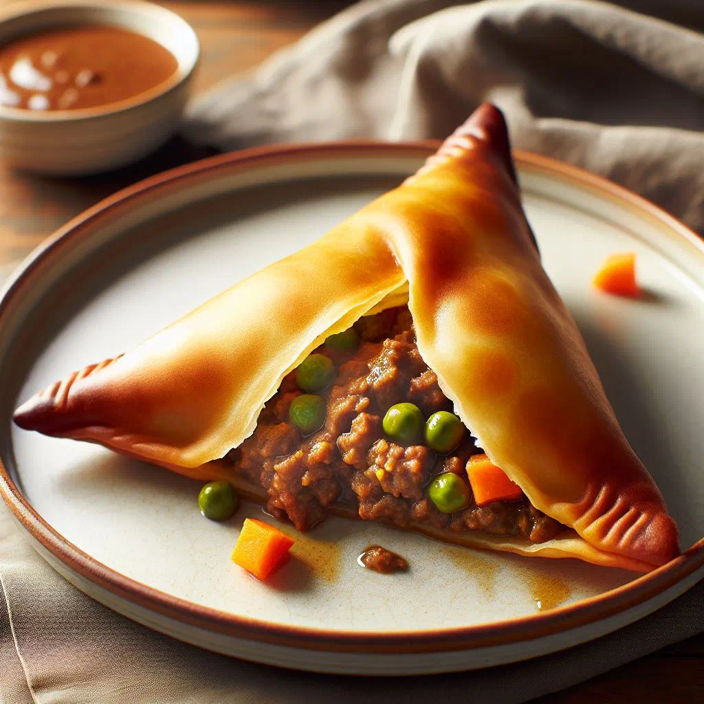 Golden fried Somali sambuusa pastry triangles on a plate with fresh herbs