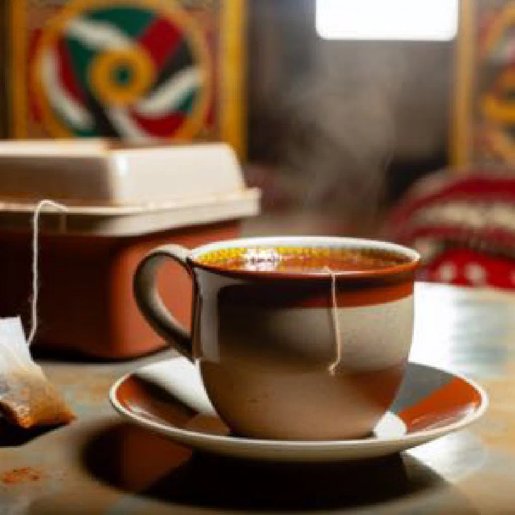Cup of Somali spiced milk tea with cinnamon stick and cardamom pods