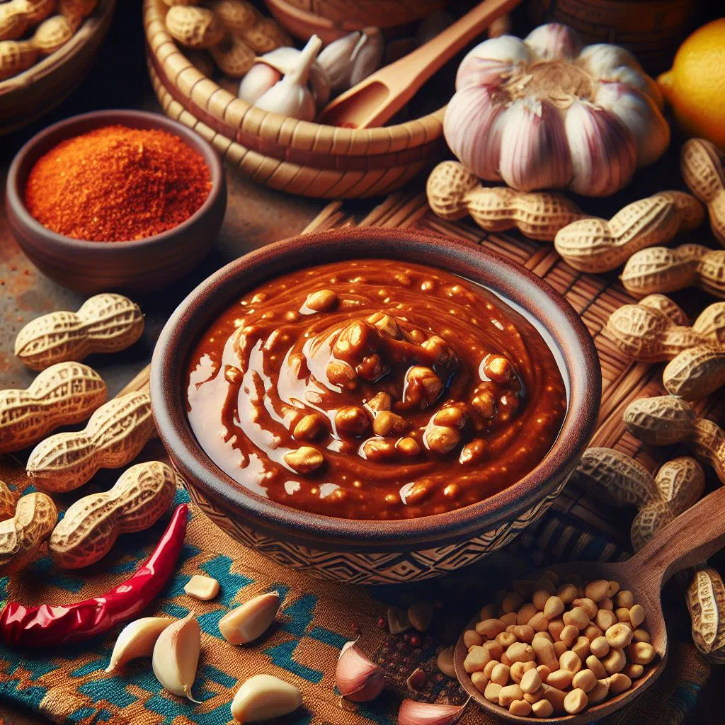 Creamy Somali peanut sauce in a bowl garnished with roasted peanuts and coriander