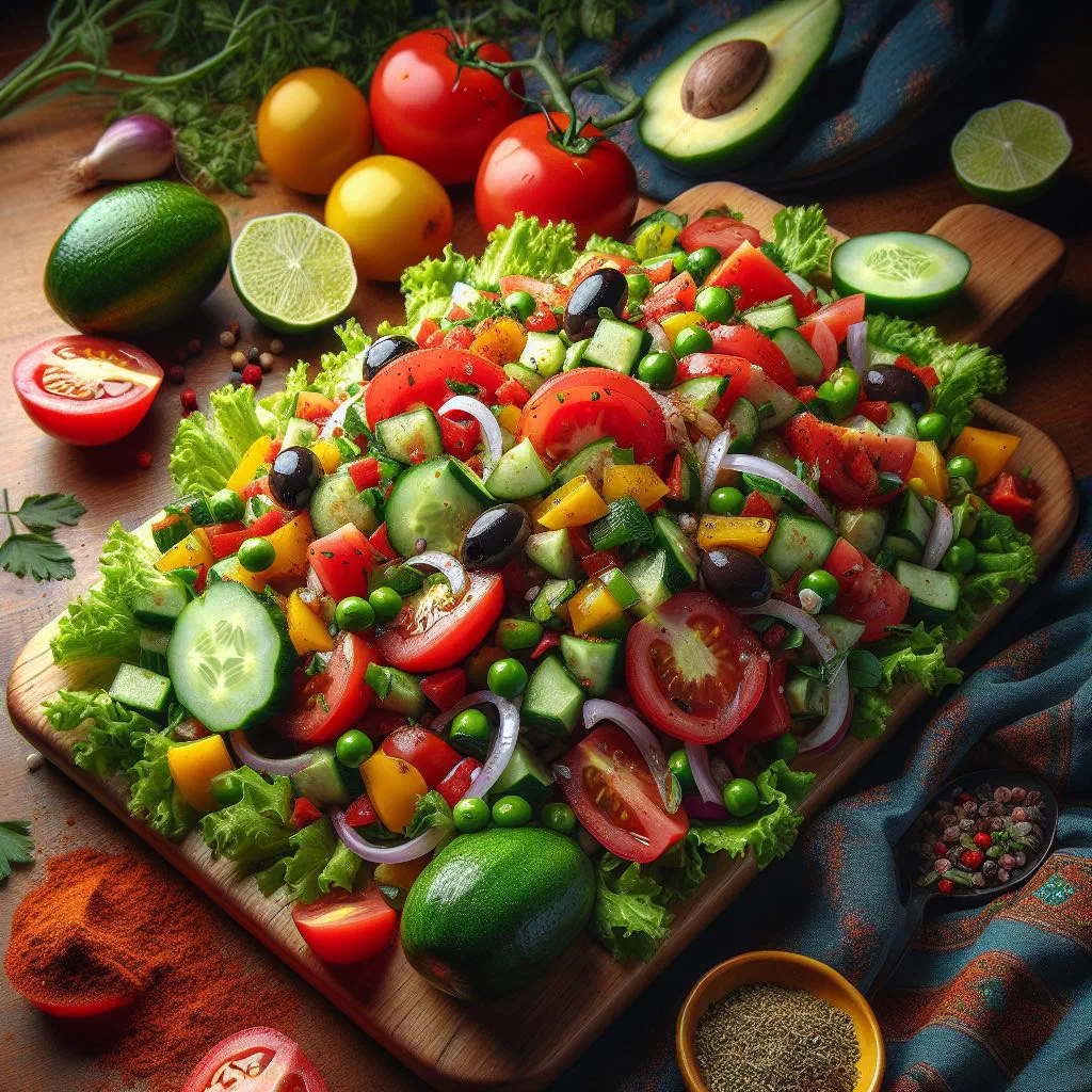 Somali salad with lime, cherry tomatoes, cucumber and red onion in a bowl