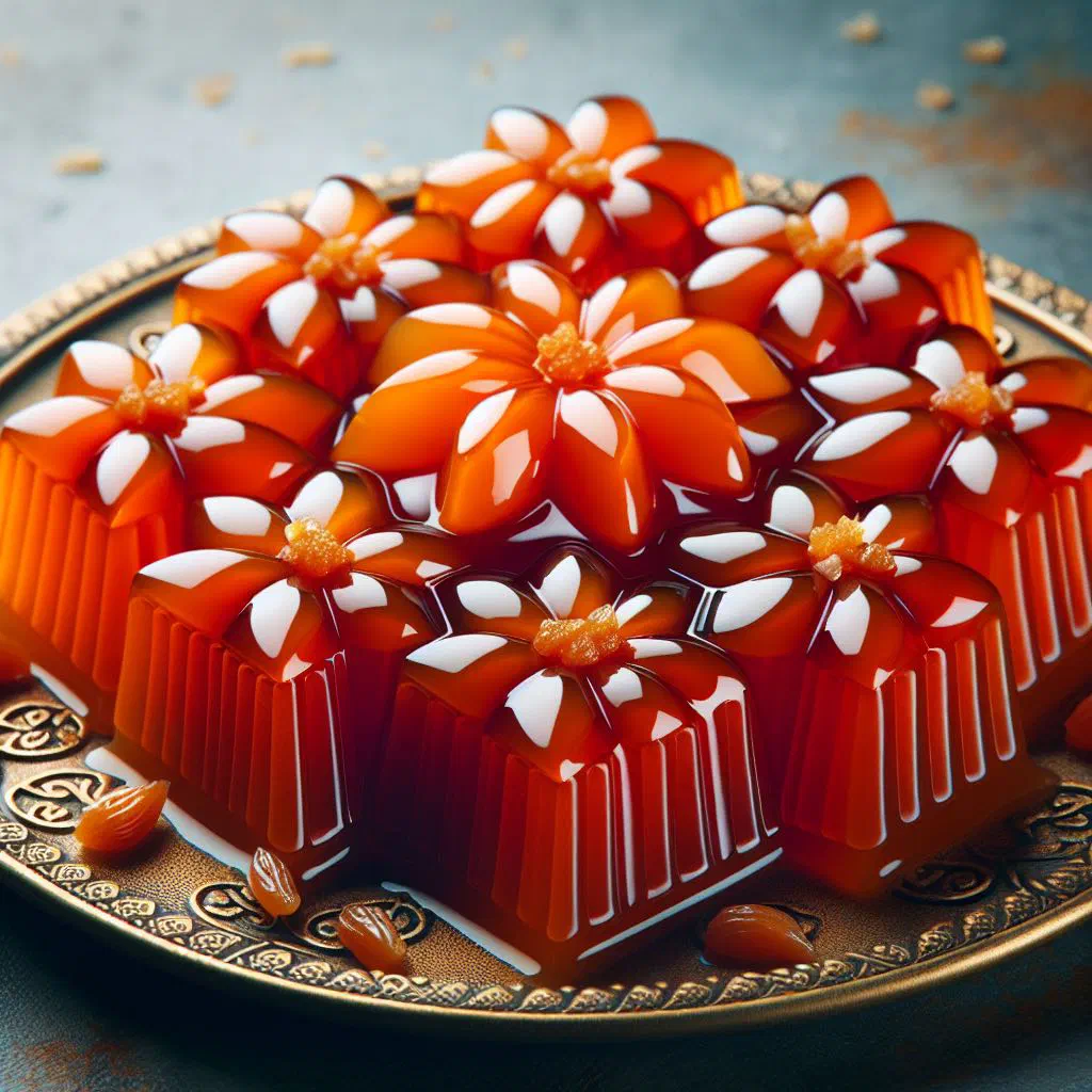 Squares of Somali xalwa dessert garnished with nuts on a plate