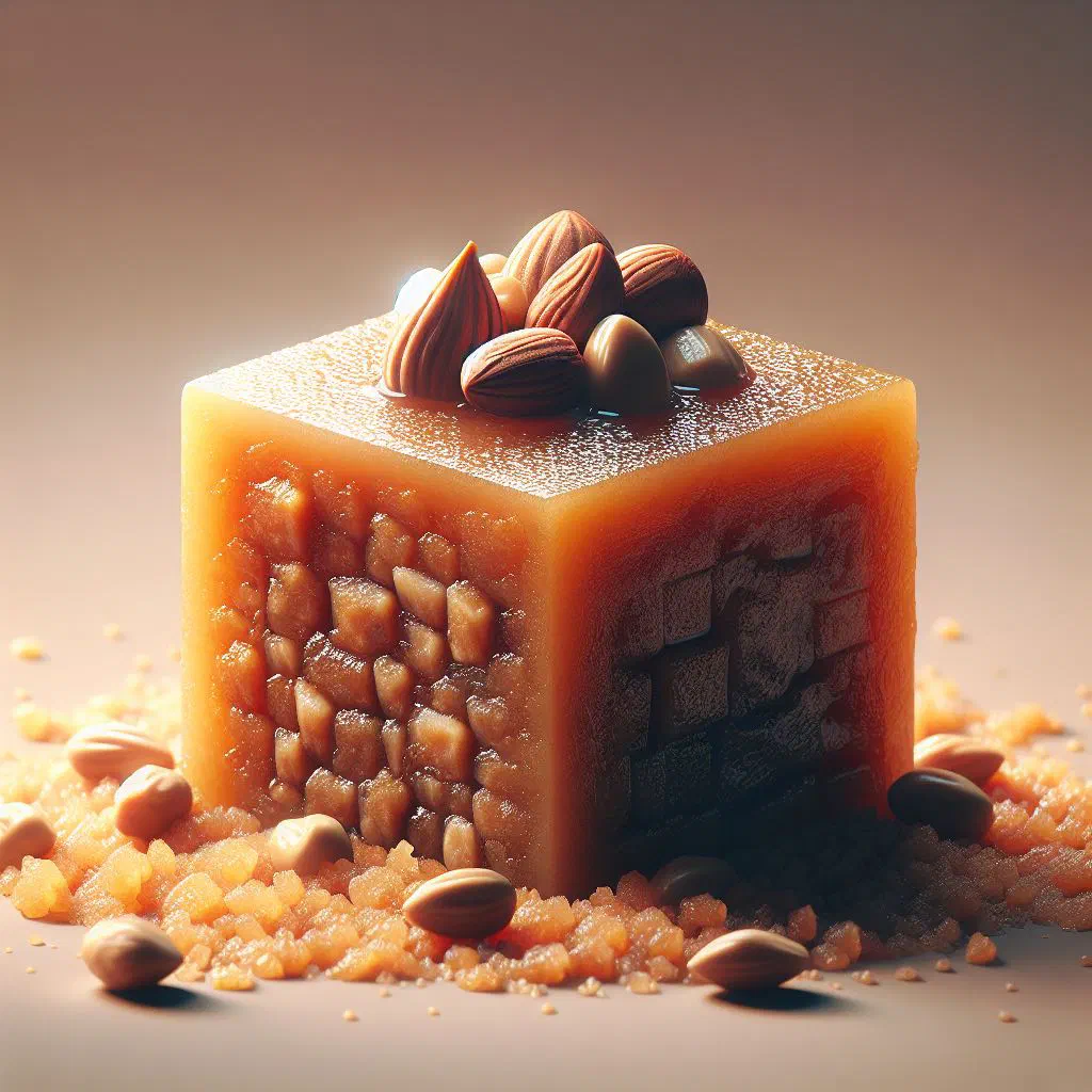 Squares of Somali xalwo studded with chopped nuts on a plate