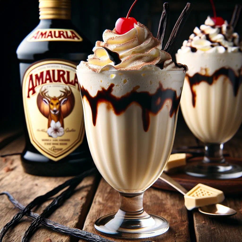 Amarula Dom Pedro served in a glass with cream and chocolate drizzle