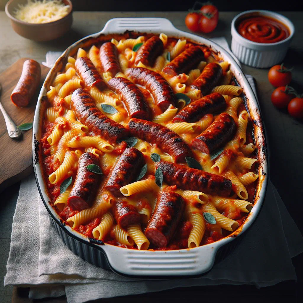 Golden baked boerewors pasta topped with melted cheese in a dish