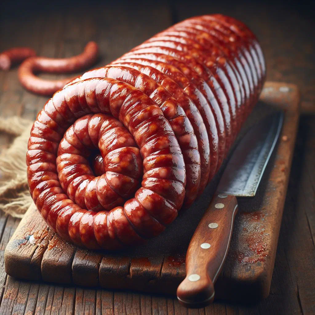 Coiled boerewors sausage grilling over an open braai