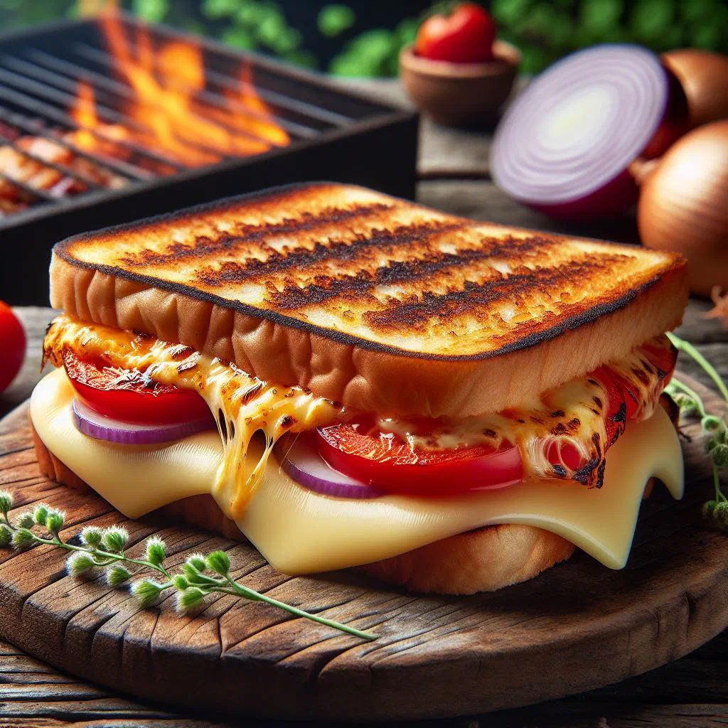 Grilled braaibroodjie sandwich with melted cheese, tomato and onion