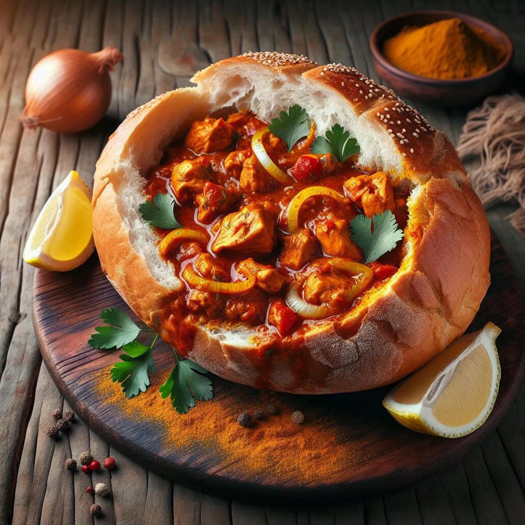 Hollowed-out bread loaf filled with chicken curry and garnished with coriander
