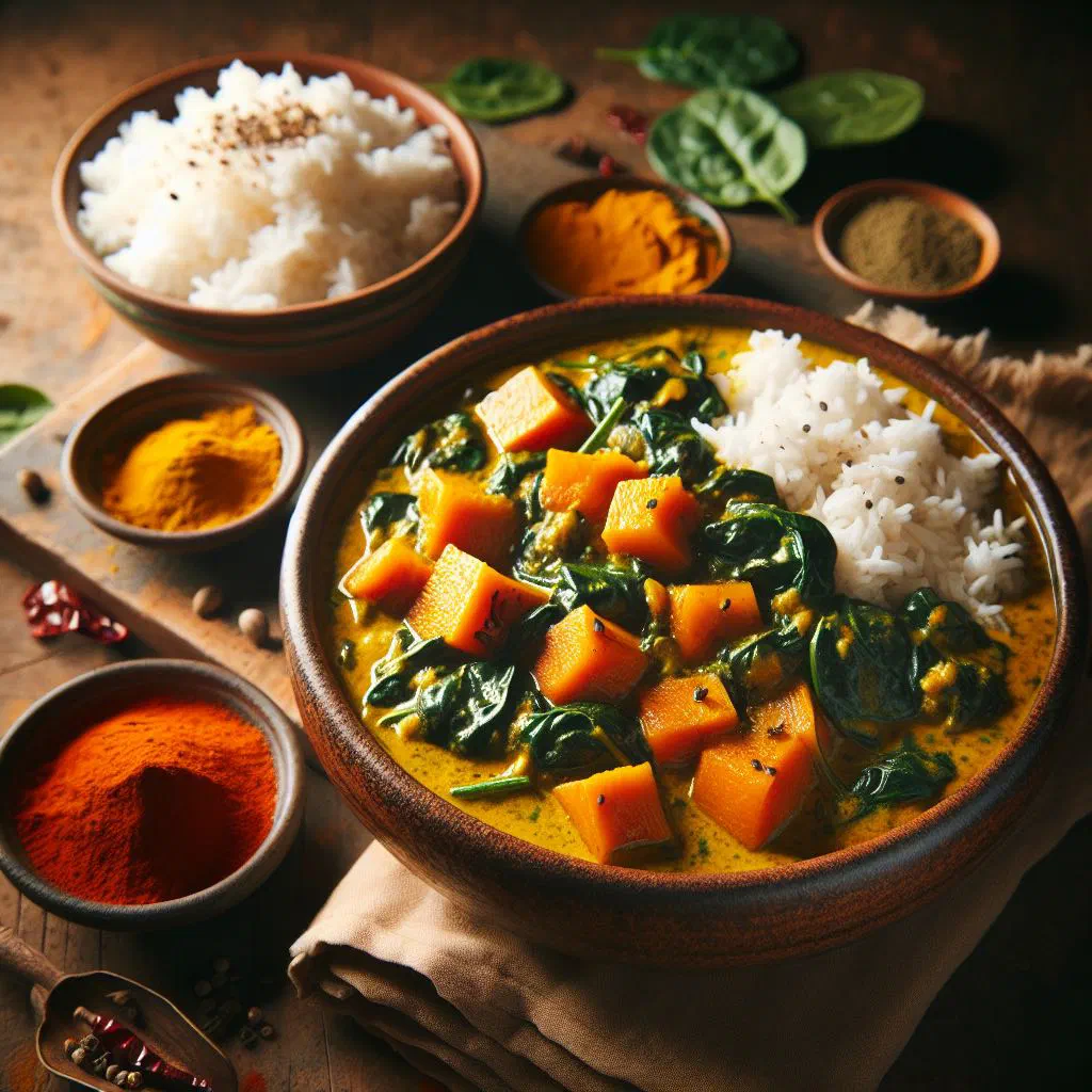 Creamy butternut and spinach curry garnished with fresh coriander