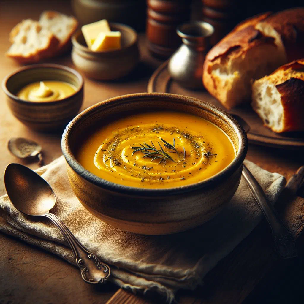 Bowl of creamy orange butternut soup garnished with fresh herbs