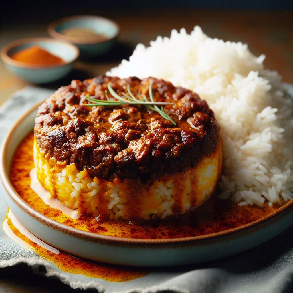 Baked Cape Malay bobotie with a golden egg topping, served with rice