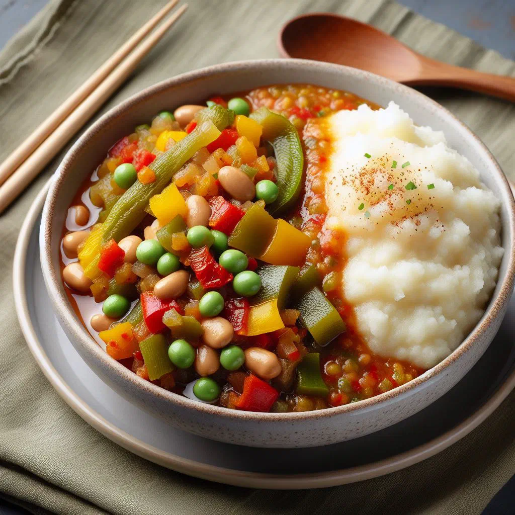 Creamy maize meal pap topped with spicy chakalaka vegetable relish