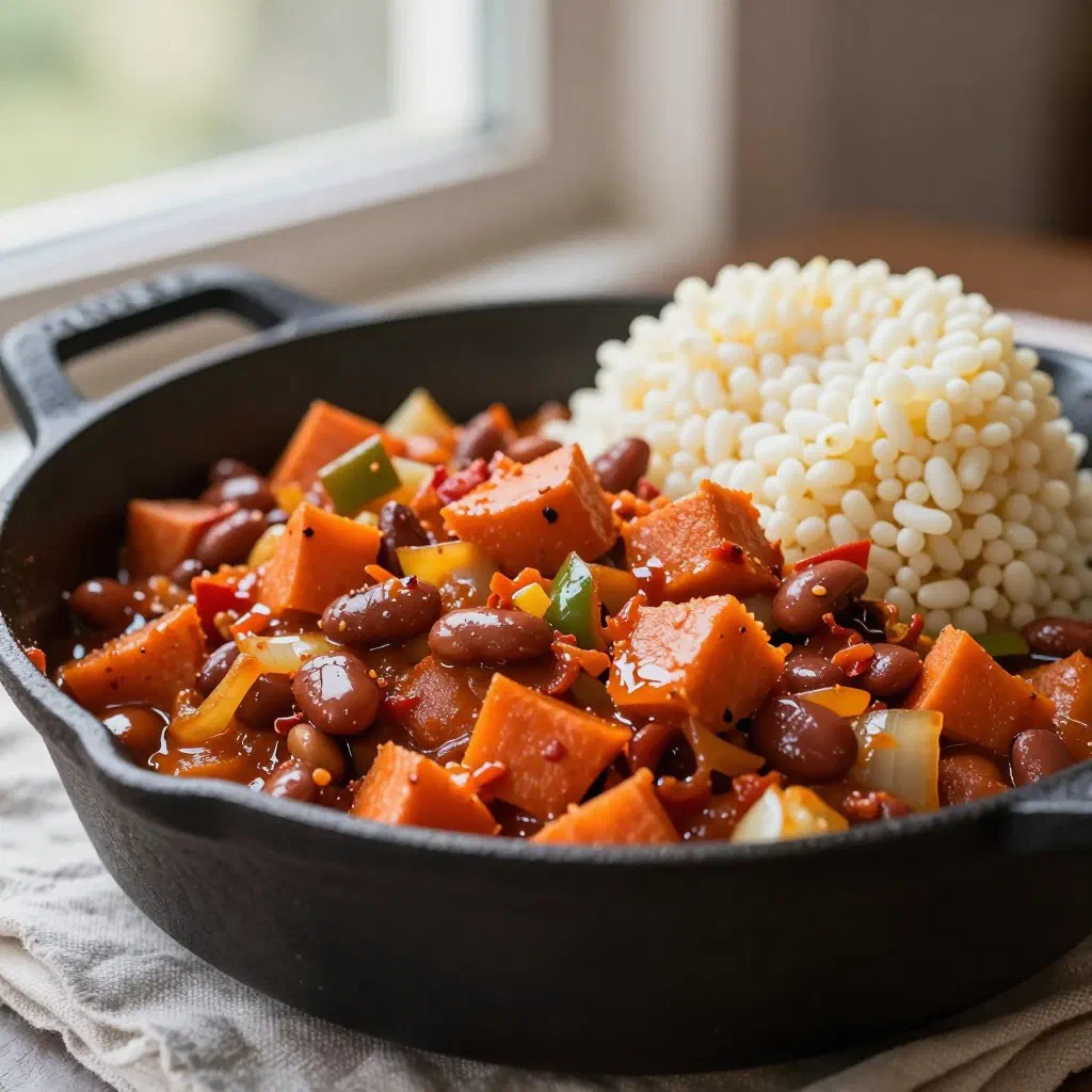 A colourful bowl of chakalaka vegetable relish with beans and peppers