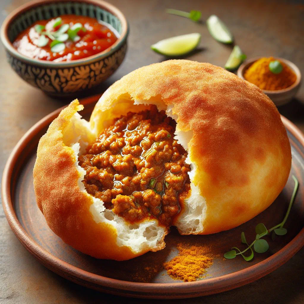 Golden fried vetkoek dough balls filled with spiced curried mince