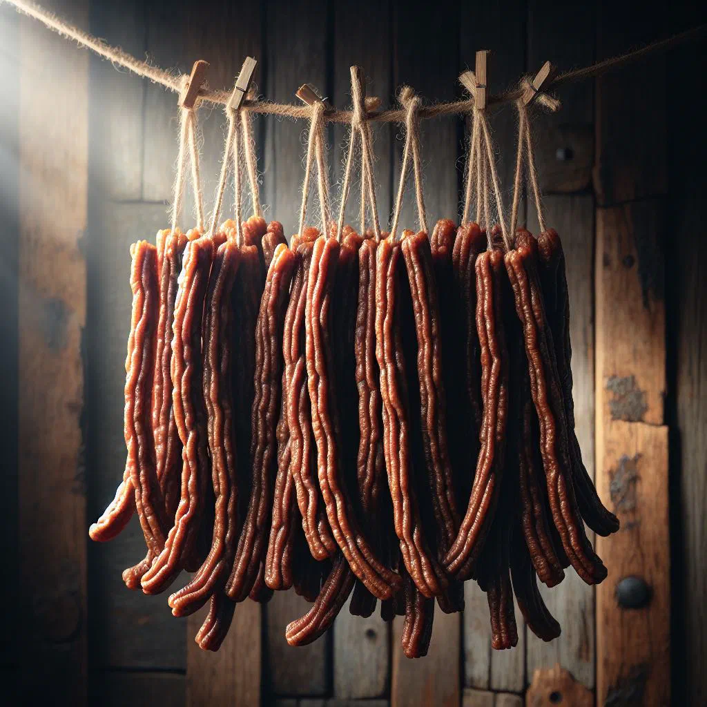 Coils of air-dried Droëwors sausage on a wooden board
