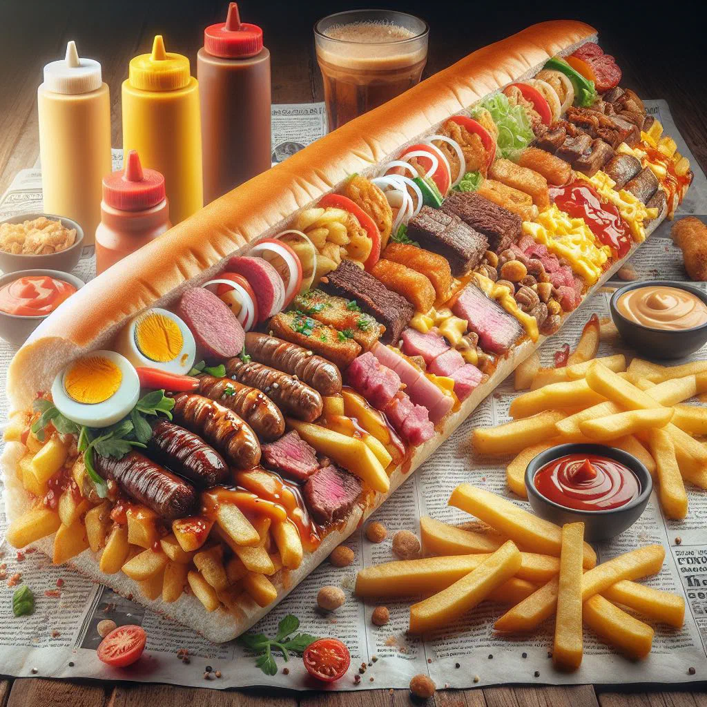 Overstuffed Gatsby sandwich packed with mince, chips and sauce