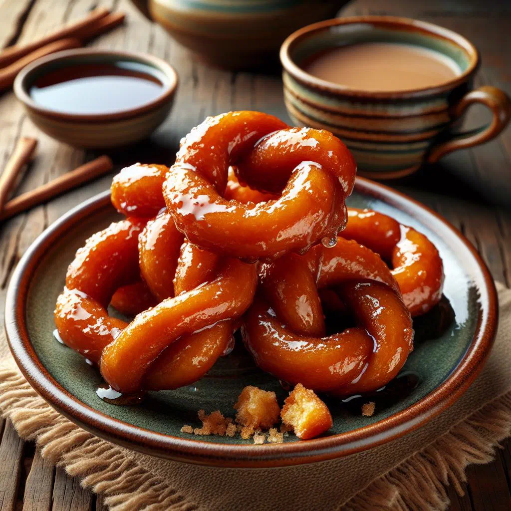 Golden plaited koeksisters glistening with sweet syrup on a plate