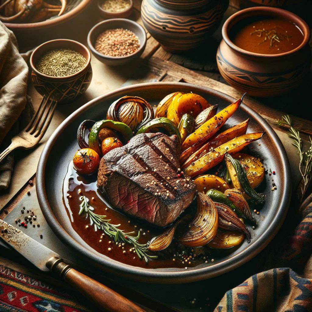 Grilled kudu steak resting on a wooden board with fresh herbs and lemon