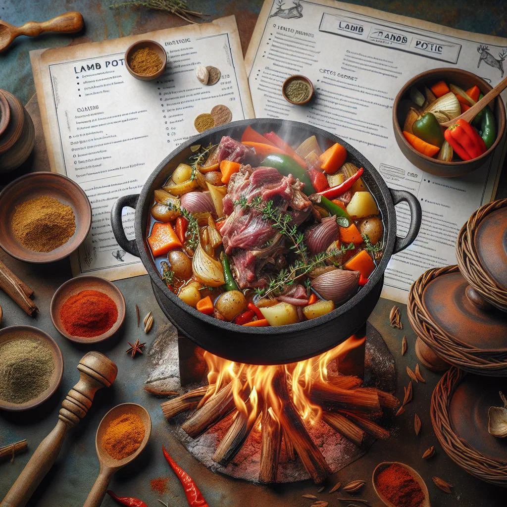 Lamb potjie stew with vegetables in a traditional three-legged pot