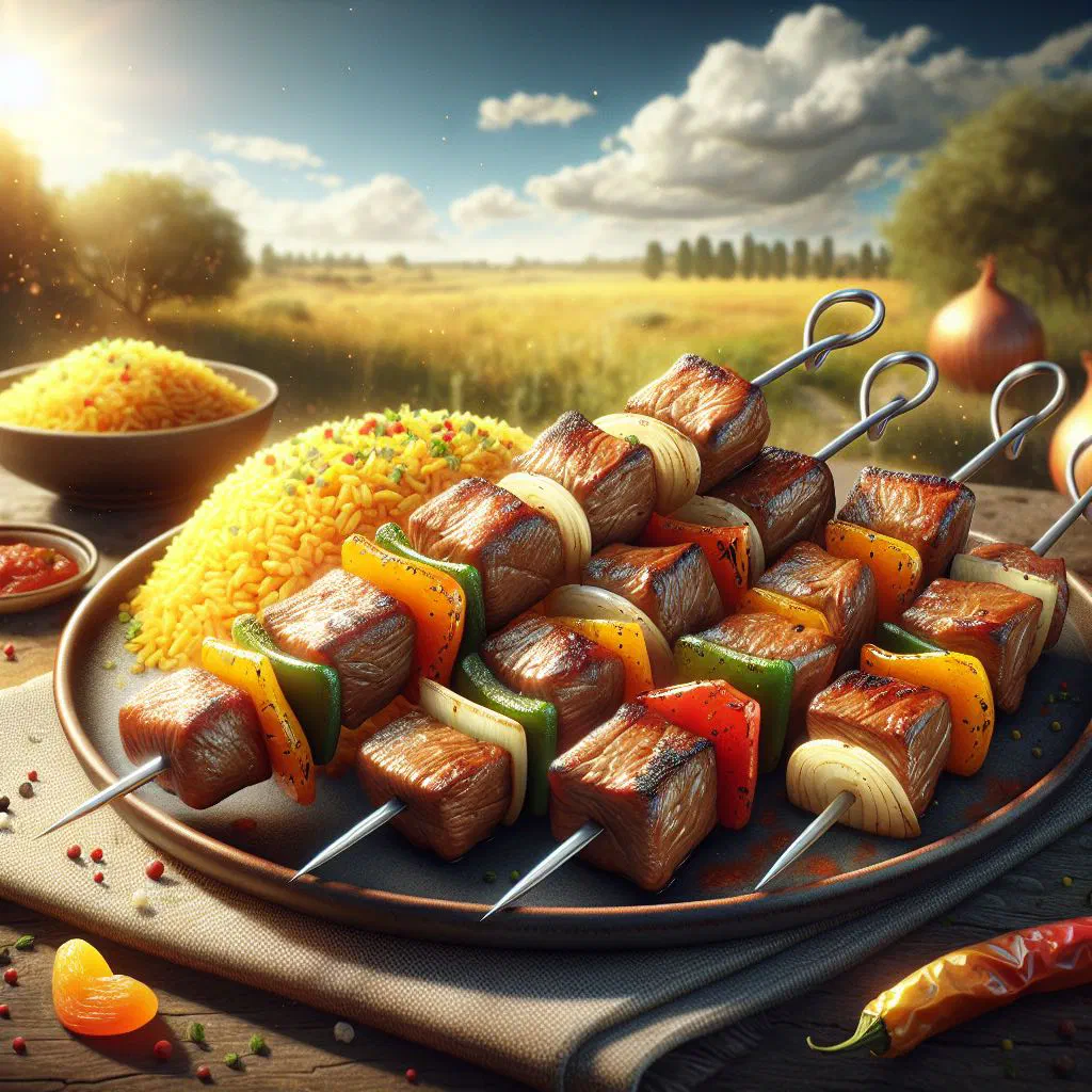 Grilled lamb sosaties skewers with dried apricots and onions