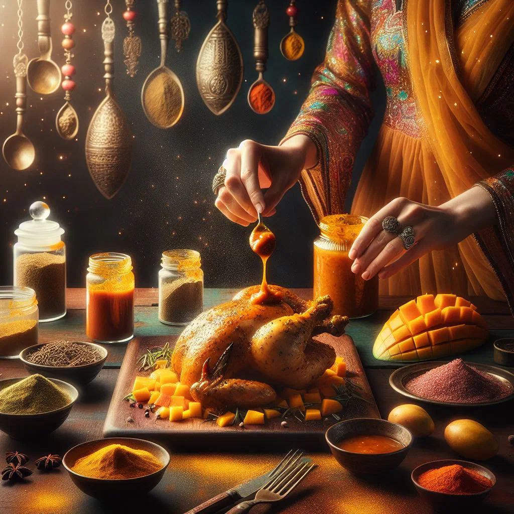 Golden chicken breasts in mango chutney sauce garnished with fresh coriander