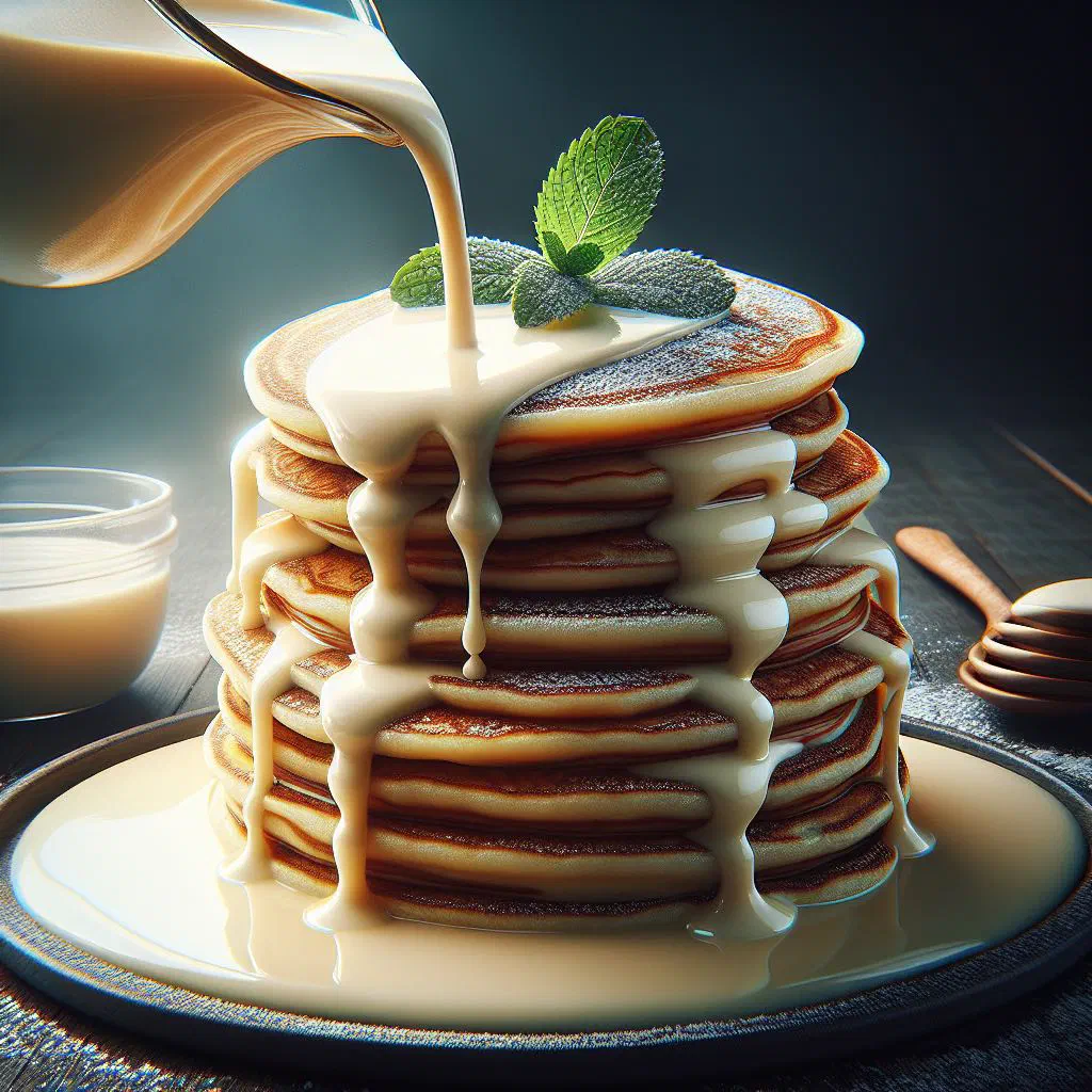 A stack of milk tart pancakes dusted with cinnamon and sugar