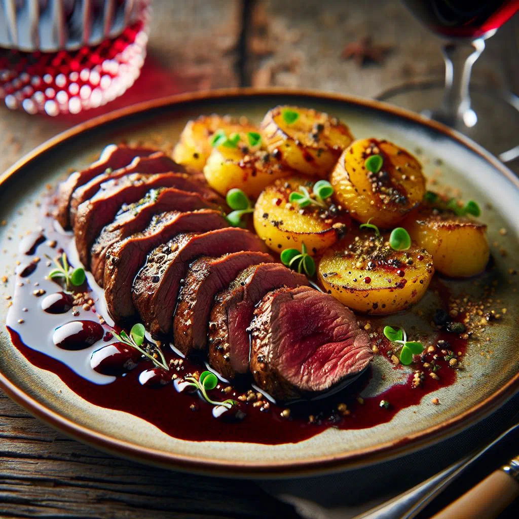 Sliced ostrich fillet in glossy red wine sauce garnished with parsley