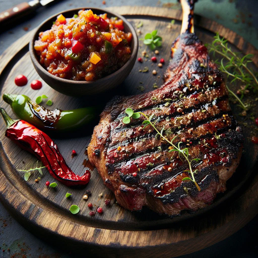 Seared ostrich steak sliced and topped with fruity mango chutney