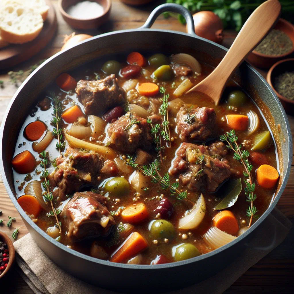 Slow-braised oxtail stew in rich tomato sauce with carrots and celery
