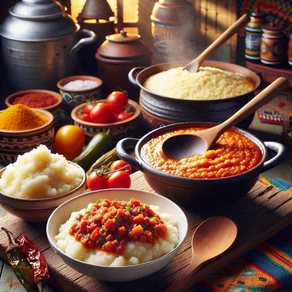 Creamy maize porridge topped with a spiced tomato and onion sauce