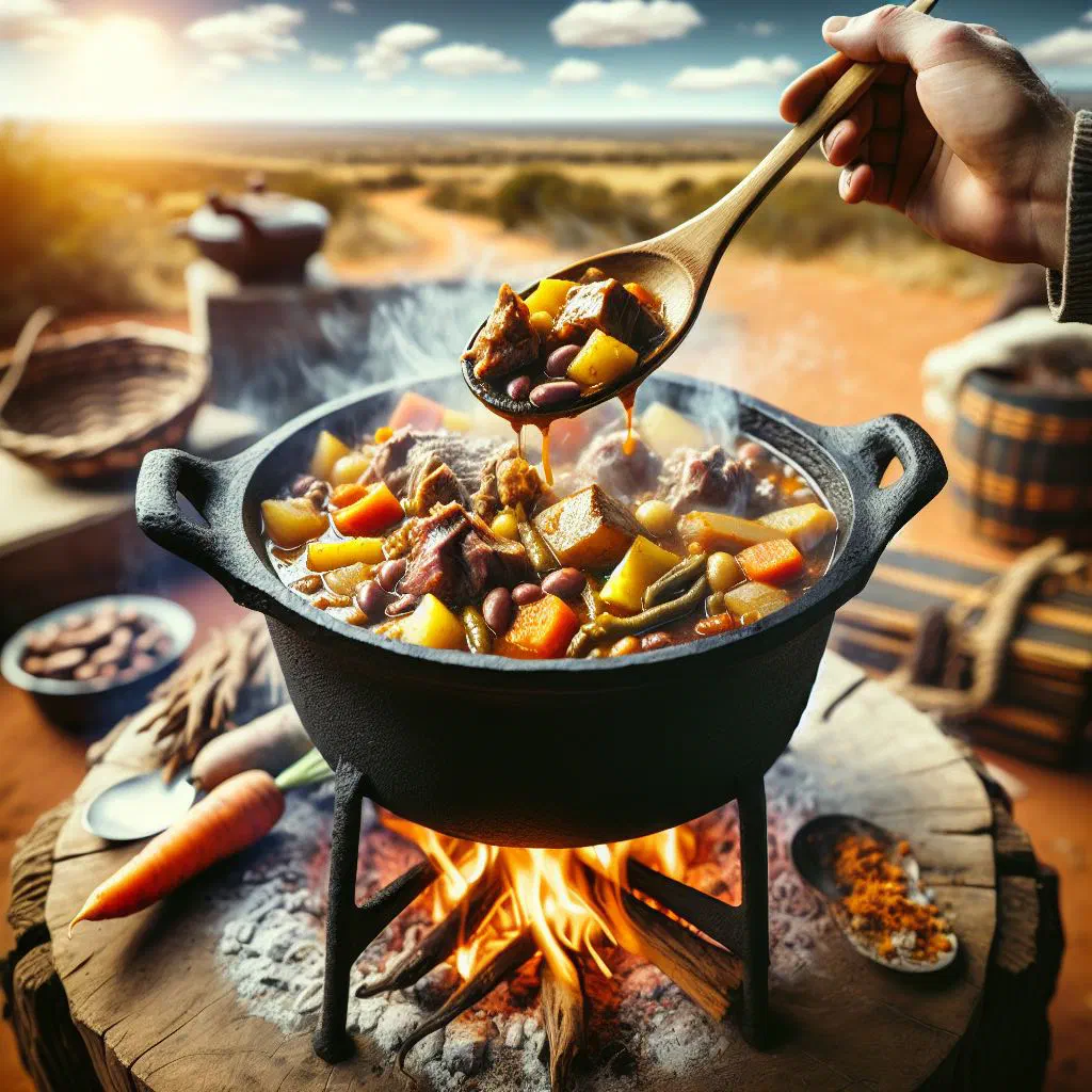 Potjiekos stew of tender meat and vegetables in a cast iron pot