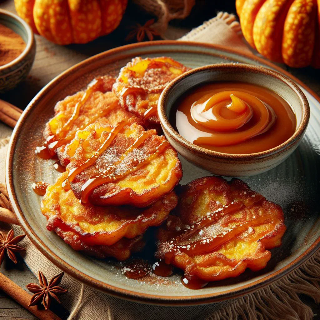 Golden pumpkin fritters drizzled with caramel sauce on a plate