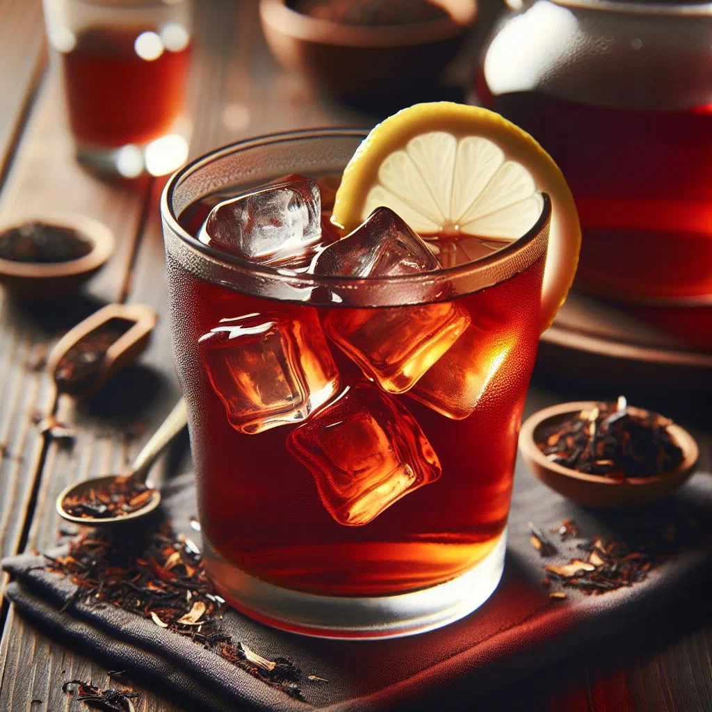 Glass of ruby-red rooibos iced tea over ice with lemon and mint