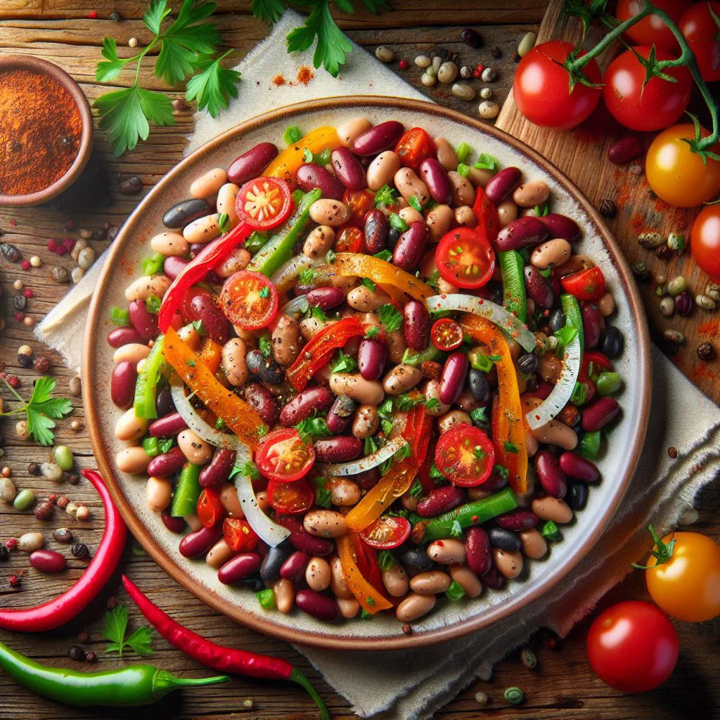 Colourful spiced bean salad with peppers, tomatoes and fresh coriander