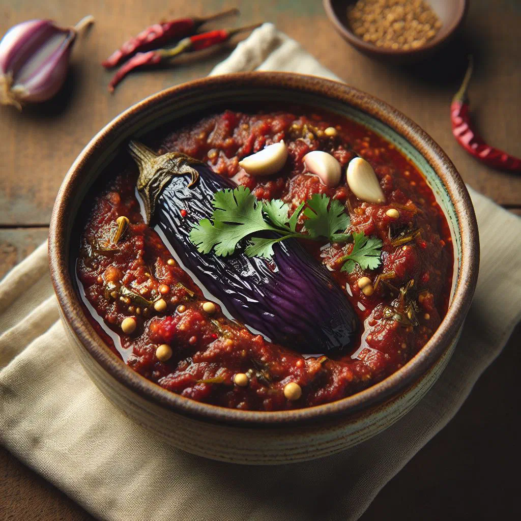 A jar of dark spiced brinjal chutney with fresh coriander