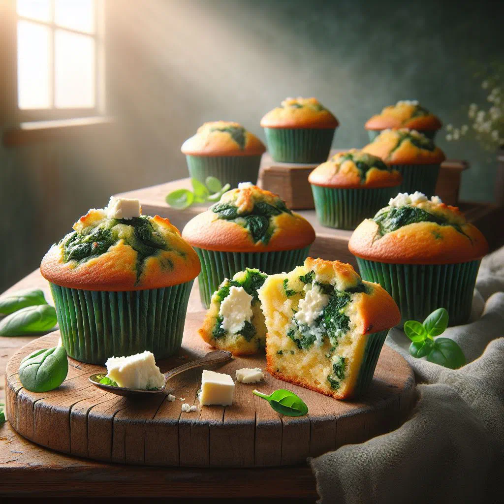 Freshly baked spinach and feta muffins on a wooden board