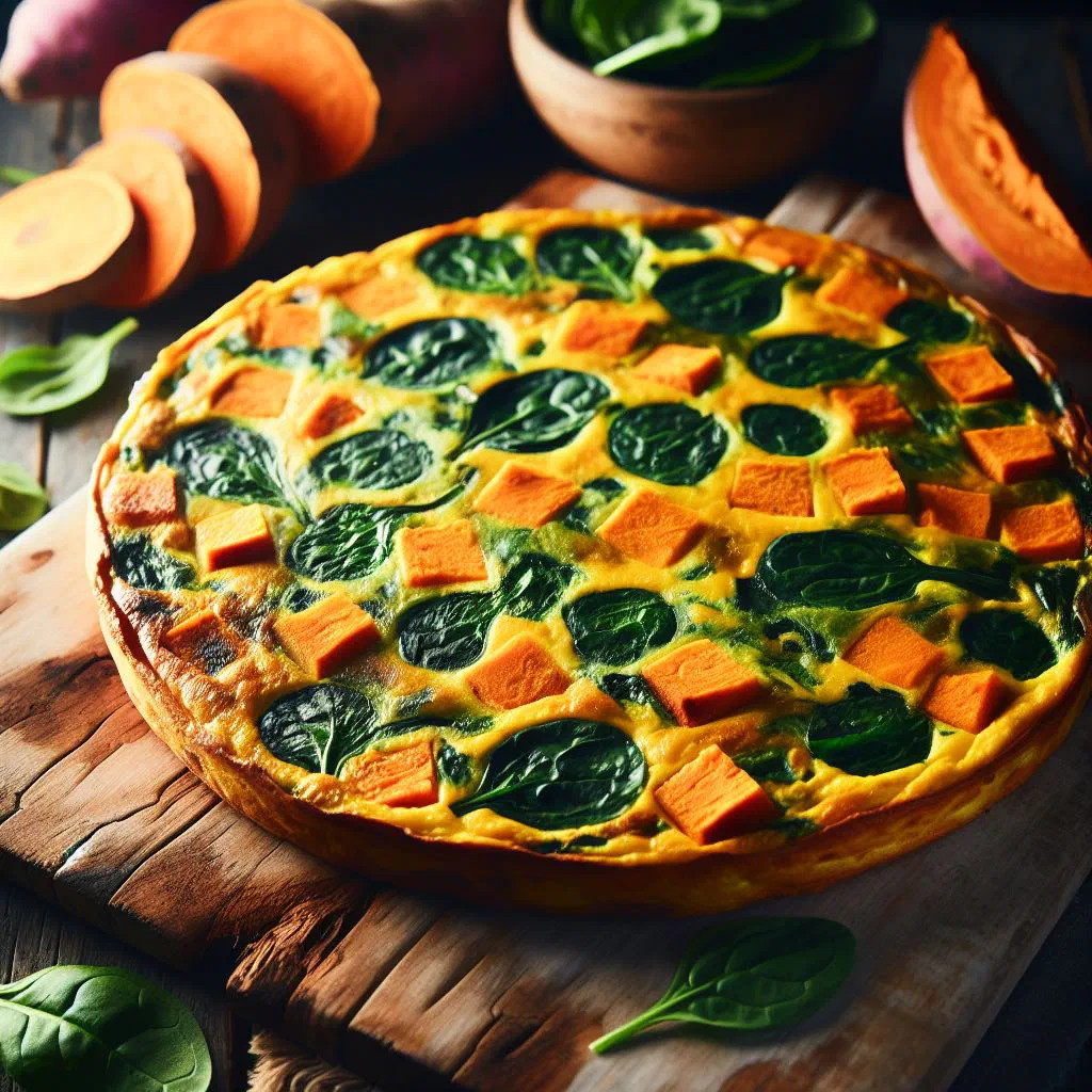 Golden sweet potato and spinach frittata sliced into wedges